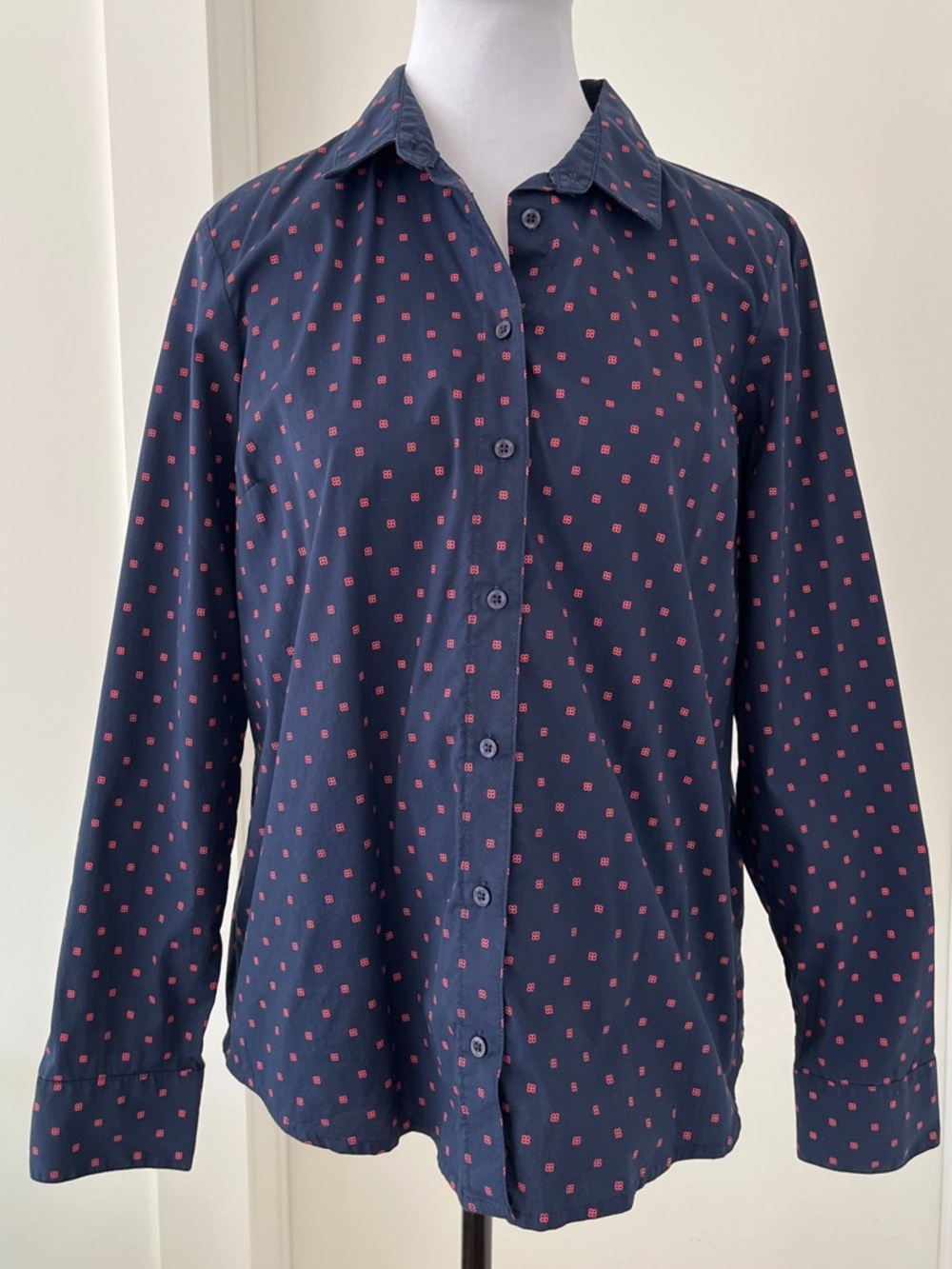 TWIK for Simons Long Sleeve Button Front Shirt Navy Blue Tiny Pattern Business